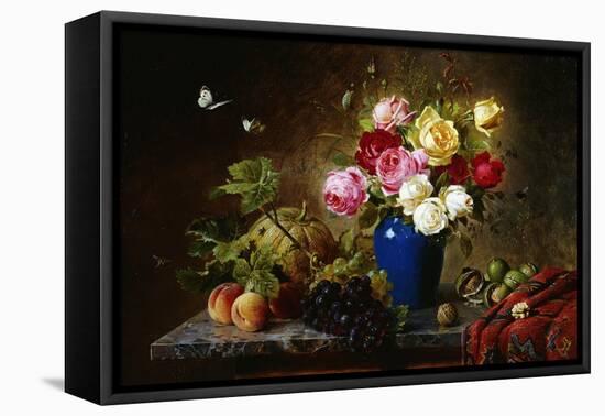 Roses in a Vase, Peaches, Nuts and a Melon on a Marbled Ledge-Olaf August Hermansen-Framed Stretched Canvas