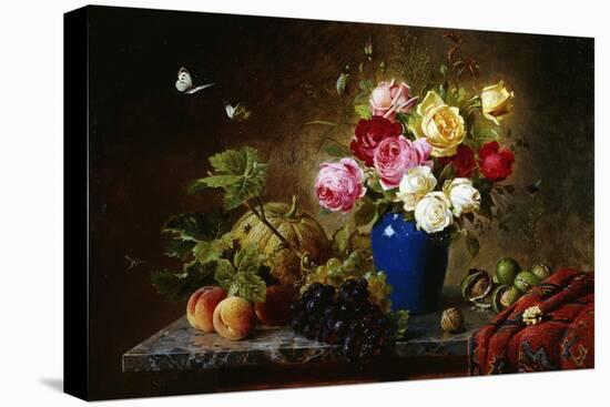 Roses in a Vase, Peaches, Nuts and a Melon on a Marbled Ledge-Olaf August Hermansen-Stretched Canvas