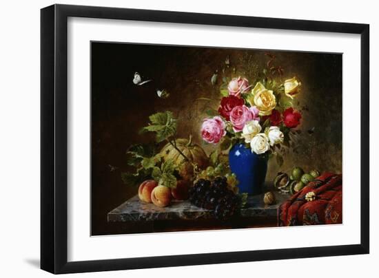 Roses in a Vase, Peaches, Nuts and a Melon on a Marbled Ledge-Olaf August Hermansen-Framed Giclee Print