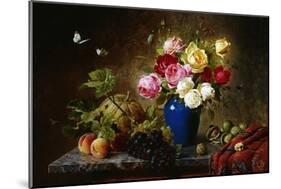 Roses in a Vase, Peaches, Nuts and a Melon on a Marbled Ledge-Olaf August Hermansen-Mounted Giclee Print