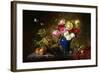 Roses in a Vase, Peaches, Nuts and a Melon on a Marbled Ledge-Olaf August Hermansen-Framed Giclee Print