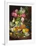 Roses in a Vase, Pears in a Porcelain Bowl and Fruit on an Oak Table-Louis Marie De Schryver-Framed Giclee Print