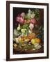 Roses in a Vase, Pears in a Porcelain Bowl and Fruit on an Oak Table-Louis Marie De Schryver-Framed Giclee Print