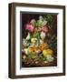 Roses in a Vase, Pears in a Porcelain Bowl and Fruit on an Oak Table-Louis Marie De Schryver-Framed Giclee Print