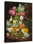 Roses in a Vase, Pears in a Porcelain Bowl and Fruit on an Oak Table-Louis Marie De Schryver-Framed Stretched Canvas