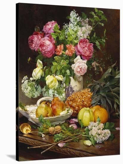 Roses in a Vase, Pears in a Porcelain Bowl and Fruit on an Oak Table-Louis Marie De Schryver-Stretched Canvas