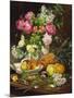 Roses in a Vase, Pears in a Porcelain Bowl and Fruit on an Oak Table-Louis Marie De Schryver-Mounted Giclee Print