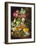 Roses in a Vase, Pears in a Porcelain Bowl and Fruit on an Oak Table-Louis Marie De Schryver-Framed Giclee Print