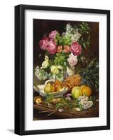 Roses in a Vase, Pears in a Porcelain Bowl and Fruit on an Oak Table-Louis Marie De Schryver-Framed Giclee Print