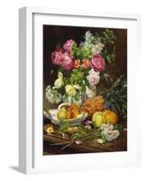 Roses in a Vase, Pears in a Porcelain Bowl and Fruit on an Oak Table-Louis Marie De Schryver-Framed Giclee Print