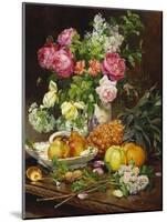 Roses in a Vase, Pears in a Porcelain Bowl and Fruit on an Oak Table-Louis Marie De Schryver-Mounted Giclee Print