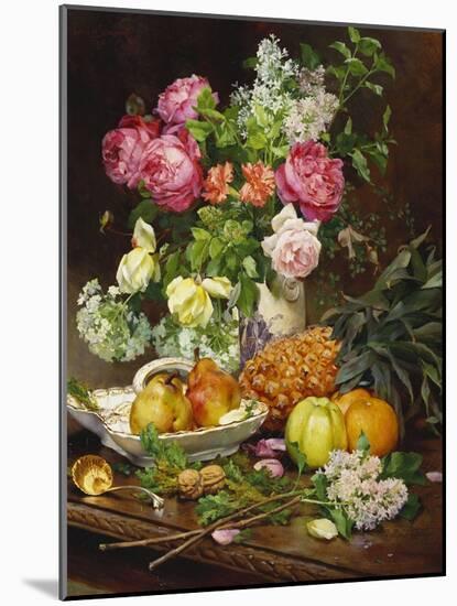 Roses in a Vase, Pears in a Porcelain Bowl and Fruit on an Oak Table-Louis Marie De Schryver-Mounted Giclee Print