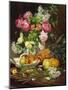 Roses in a Vase, Pears in a Porcelain Bowl and Fruit on an Oak Table-Louis Marie De Schryver-Mounted Giclee Print