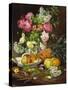 Roses in a Vase, Pears in a Porcelain Bowl and Fruit on an Oak Table-Louis Marie De Schryver-Stretched Canvas