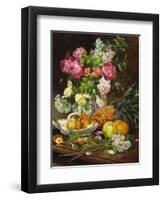 Roses in a Vase, Pears in a Porcelain Bowl and Fruit on an Oak Table-Louis Marie De Schryver-Framed Premium Giclee Print
