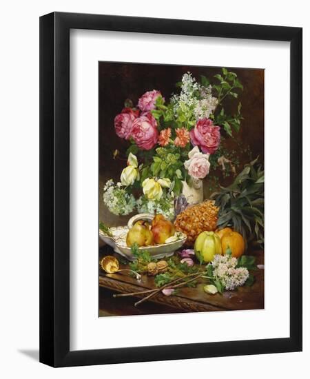 Roses in a Vase, Pears in a Porcelain Bowl and Fruit on an Oak Table-Louis Marie De Schryver-Framed Premium Giclee Print