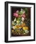 Roses in a Vase, Pears in a Porcelain Bowl and Fruit on an Oak Table-Louis Marie De Schryver-Framed Premium Giclee Print