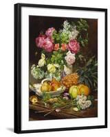 Roses in a Vase, Pears in a Porcelain Bowl and Fruit on an Oak Table-Louis Marie De Schryver-Framed Giclee Print