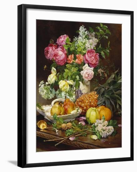 Roses in a Vase, Pears in a Porcelain Bowl and Fruit on an Oak Table-Louis Marie De Schryver-Framed Giclee Print