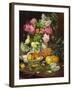 Roses in a Vase, Pears in a Porcelain Bowl and Fruit on an Oak Table-Louis Marie De Schryver-Framed Giclee Print