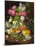 Roses in a Vase, Pears in a Porcelain Bowl and Fruit on an Oak Table-Louis Marie De Schryver-Mounted Giclee Print