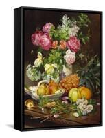 Roses in a Vase, Pears in a Porcelain Bowl and Fruit on an Oak Table-Louis Marie De Schryver-Framed Stretched Canvas