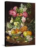 Roses in a Vase, Pears in a Porcelain Bowl and Fruit on an Oak Table-Louis Marie De Schryver-Stretched Canvas