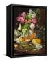 Roses in a Vase, Pears in a Porcelain Bowl and Fruit on an Oak Table-Louis Marie De Schryver-Framed Stretched Canvas