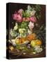 Roses in a Vase, Pears in a Porcelain Bowl and Fruit on an Oak Table-Louis Marie De Schryver-Stretched Canvas