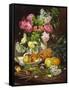 Roses in a Vase, Pears in a Porcelain Bowl and Fruit on an Oak Table-Louis Marie De Schryver-Framed Stretched Canvas