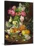 Roses in a Vase, Pears in a Porcelain Bowl and Fruit on an Oak Table-Louis Marie De Schryver-Stretched Canvas
