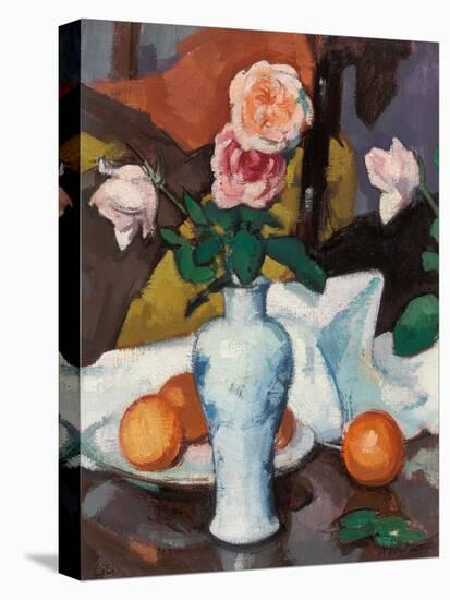 Roses in a Vase with Oranges and a White Tablecloth-Samuel John Peploe-Stretched Canvas