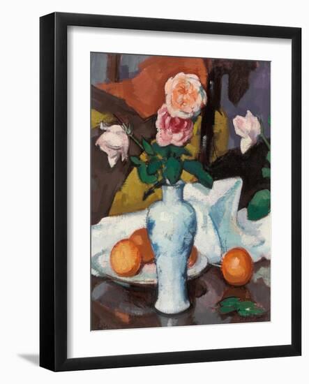 Roses in a Vase with Oranges and a White Tablecloth-Samuel John Peploe-Framed Giclee Print