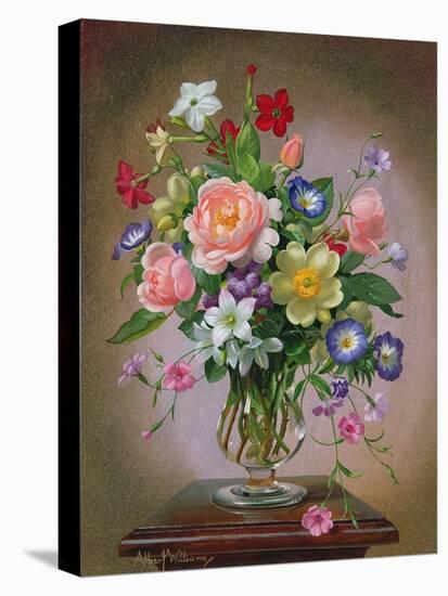 Roses, Peonies and Freesias in a Glass Vase-Albert Williams-Stretched Canvas