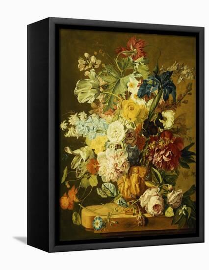 Roses, Peonies, Tulips, Morning Glory, an Iris, Columbine, a Poppy, Jonquils and Other Flowers in…-Jan van Huysum-Framed Stretched Canvas