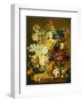 Roses, Peonies, Tulips, Morning Glory, an Iris, Columbine, a Poppy, Jonquils and Other Flowers in…-Jan van Huysum-Framed Giclee Print