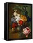Roses, Poppies, Morning Glory and Other Flowers in a Vase with a Bird's Nest on a Ledge-Jan van Os-Framed Stretched Canvas