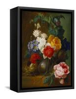 Roses, Poppies, Morning Glory and Other Flowers in a Vase with a Bird's Nest on a Ledge-Jan van Os-Framed Stretched Canvas
