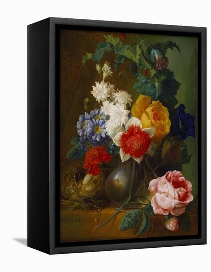 Roses, Poppies, Morning Glory and Other Flowers in a Vase with a Bird's Nest on a Ledge-Jan van Os-Framed Stretched Canvas