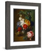 Roses, Poppies, Morning Glory and Other Flowers in a Vase with a Bird's Nest on a Ledge-Jan van Os-Framed Giclee Print