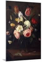 Roses, Tulips and Other Flowers in a Glass Vase, with Insects, on a Table-Jean-Baptiste-Camille Corot-Mounted Giclee Print