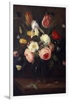 Roses, Tulips and Other Flowers in a Glass Vase, with Insects, on a Table-Jean-Baptiste-Camille Corot-Framed Giclee Print