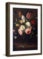 Roses, Tulips and Other Flowers in a Glass Vase, with Insects, on a Table-Jean-Baptiste-Camille Corot-Framed Giclee Print