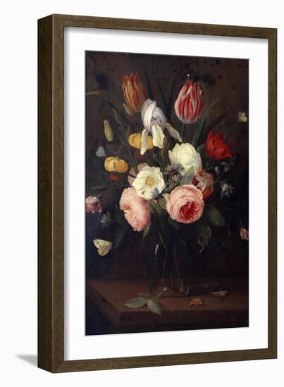 Roses, Tulips and Other Flowers in a Glass Vase, with Insects, on a Table-Jean-Baptiste-Camille Corot-Framed Giclee Print