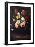 Roses, Tulips and Other Flowers in a Glass Vase, with Insects, on a Table-Jean-Baptiste-Camille Corot-Framed Giclee Print