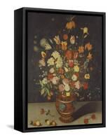 Roses, Tulips, Lilies, an Iris, a Fritillary and Other Flowers in a Painted Vase with Fruit on a…-Daniel Seghers-Framed Stretched Canvas