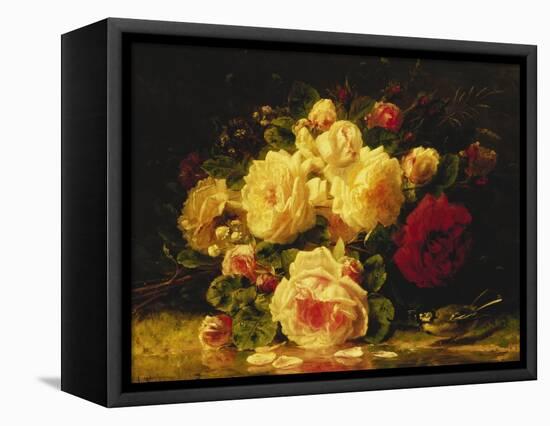 Roses with a Blue Tit by a Stream-Jean Baptiste Claude Robie-Framed Stretched Canvas