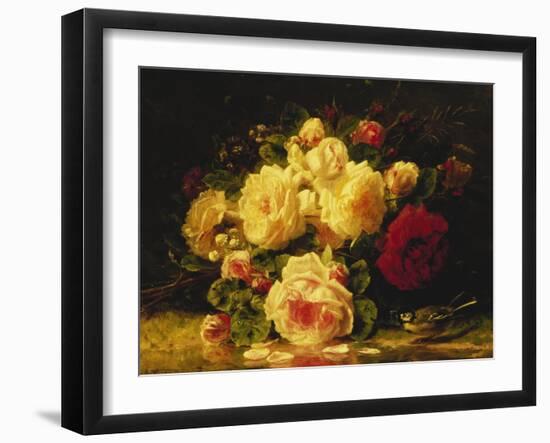 Roses with a Blue Tit by a Stream-Jean Baptiste Claude Robie-Framed Giclee Print