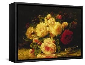 Roses with a Blue Tit by a Stream-Jean Baptiste Claude Robie-Framed Stretched Canvas