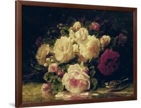 Roses with a Blue Tit by a Stream-Jean Baptiste Claude Robie-Framed Giclee Print